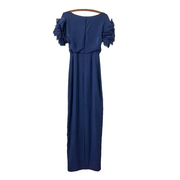 Marchesa Notte Womens Navy Blue Silk Organza Ruffle Sleeve Maxi Gown Size 0